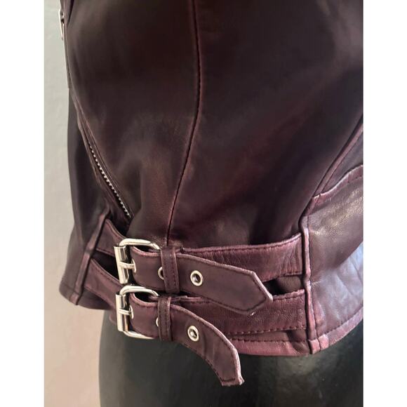 Amaryllis Distressed 100% Leather Moto Deep Jacket Purple Asymmetric Zip Size S - Picture 10 of 15